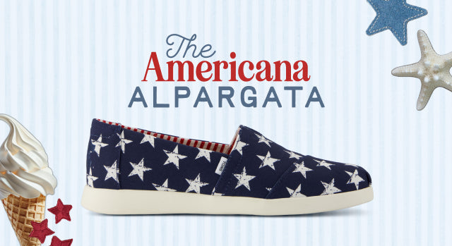 The Americana ALPARGATA: THE STAR OF SUMMER. Ice cream cone and stars graphic. Alpargata Plus in Navy Stars Canvas shown.