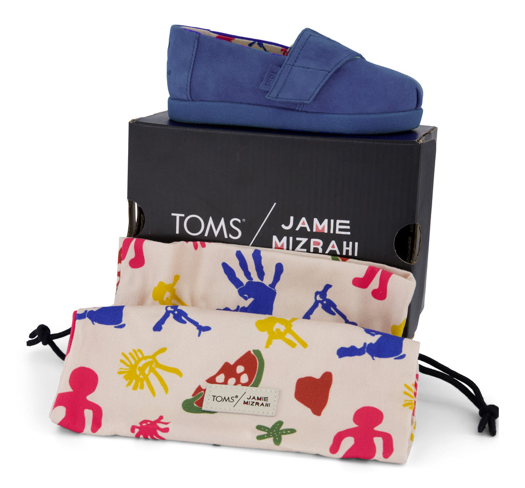 TOMS x Jamie Mizrahi Alpargata Classic Toddler Shoe - Water Repellent Electric Blue Suede Shoebox and Dust Bag View
