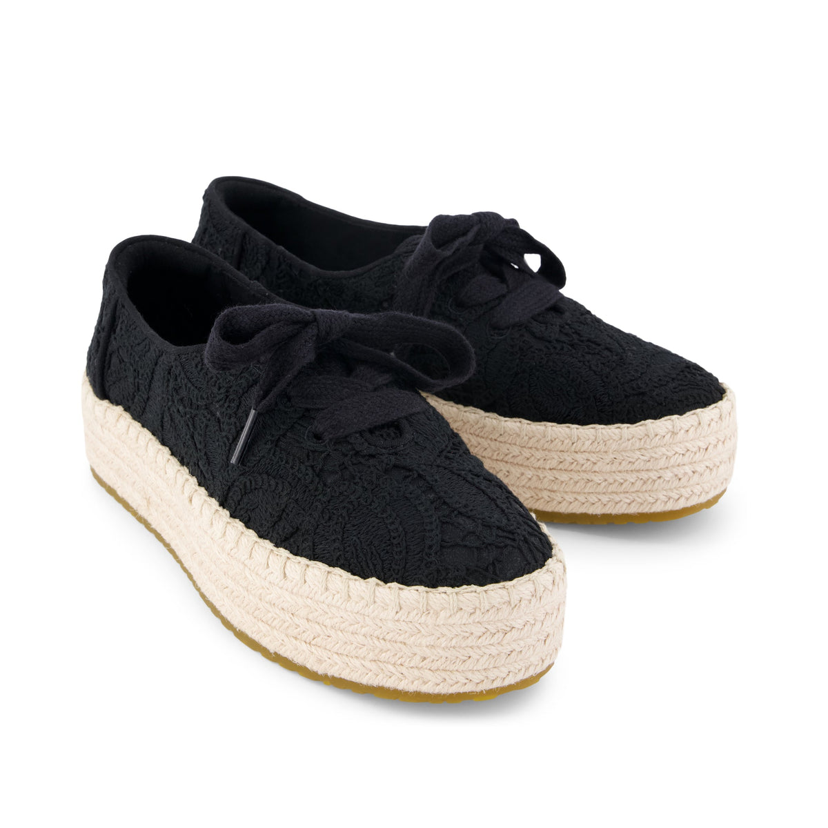 Valencia Lace-Up Platform Espadrille - Black Floral Crochet Front View