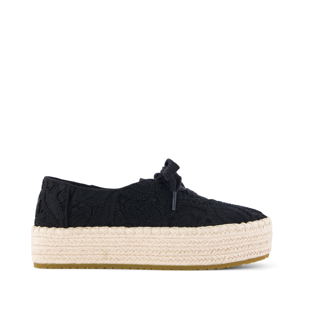 Valencia Lace-Up Platform Espadrille - Black Floral Crochet Side View