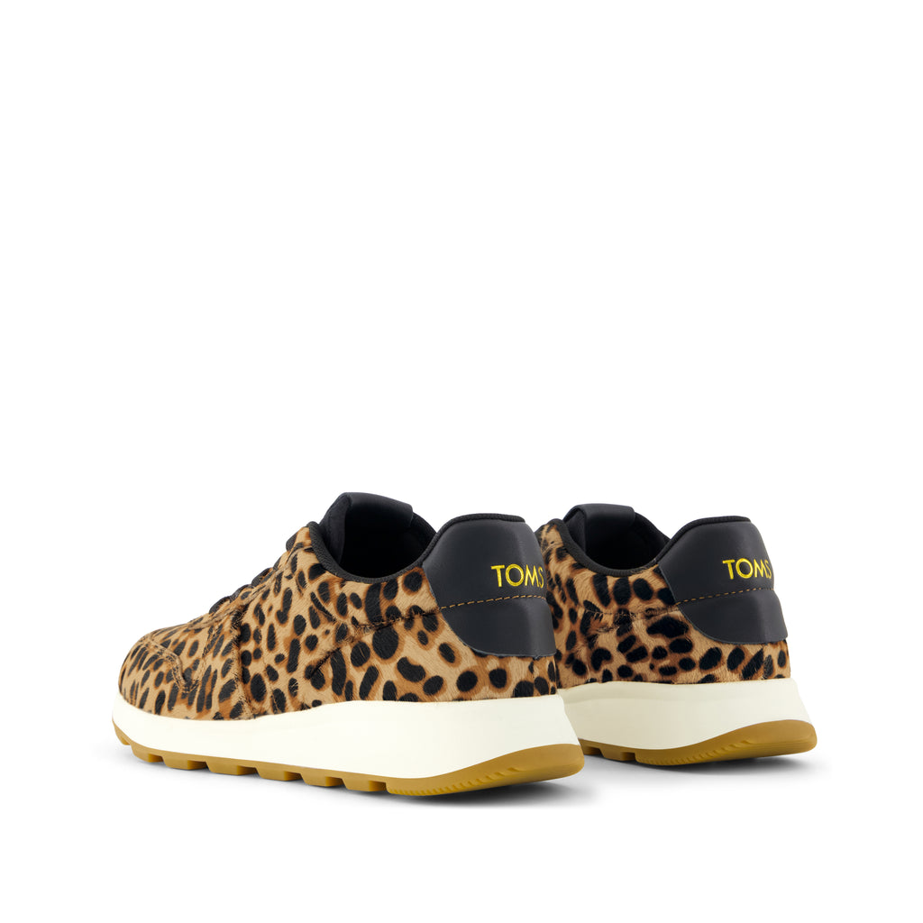 TRVL LITE Retro Runner Sneaker - Brown Sugar Leopard Print Hair Leather Back View
