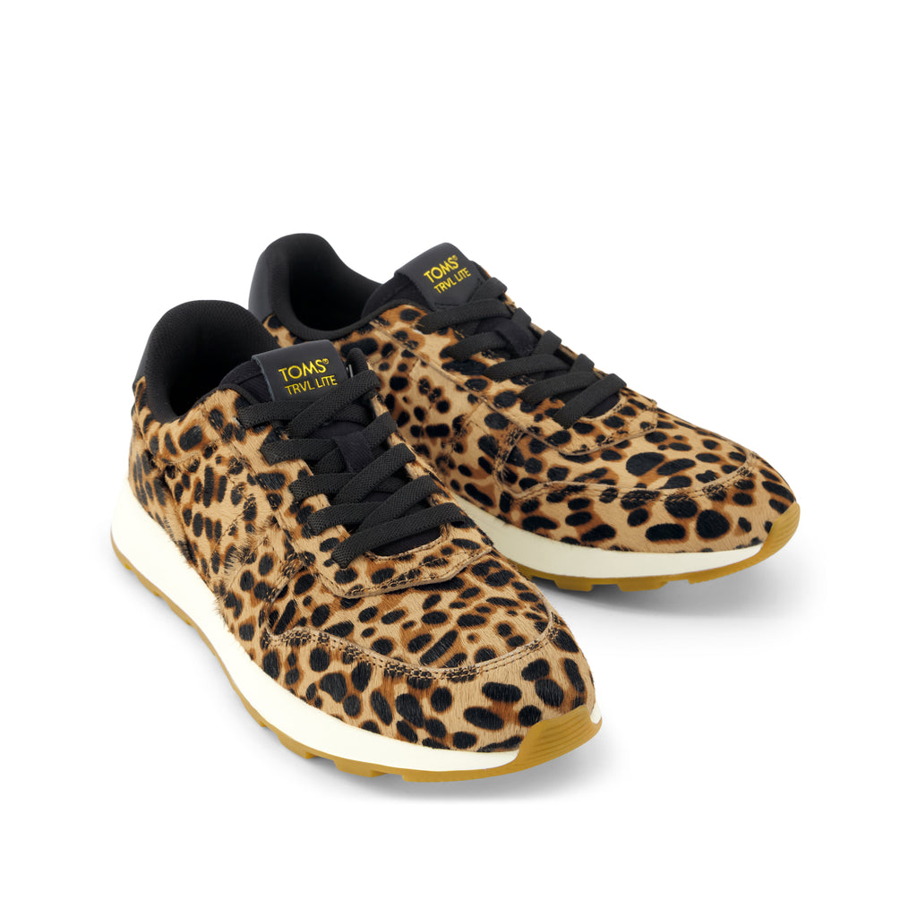 TRVL LITE Retro Runner Sneaker - Brown Sugar Leopard Print Hair Leather Front View