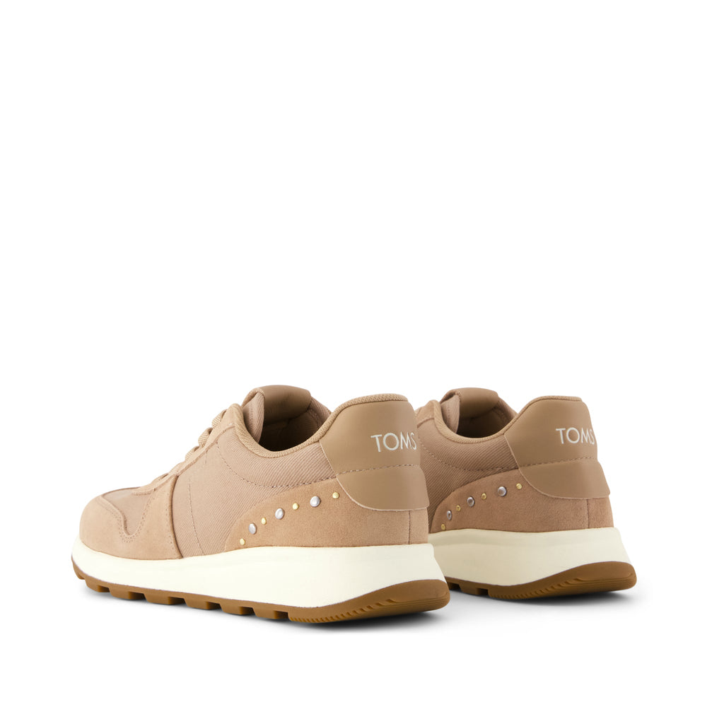 TRVL LITE Retro Runner Sneaker - Water Repellent Taupe Vintage Twill w/ Studs Back View