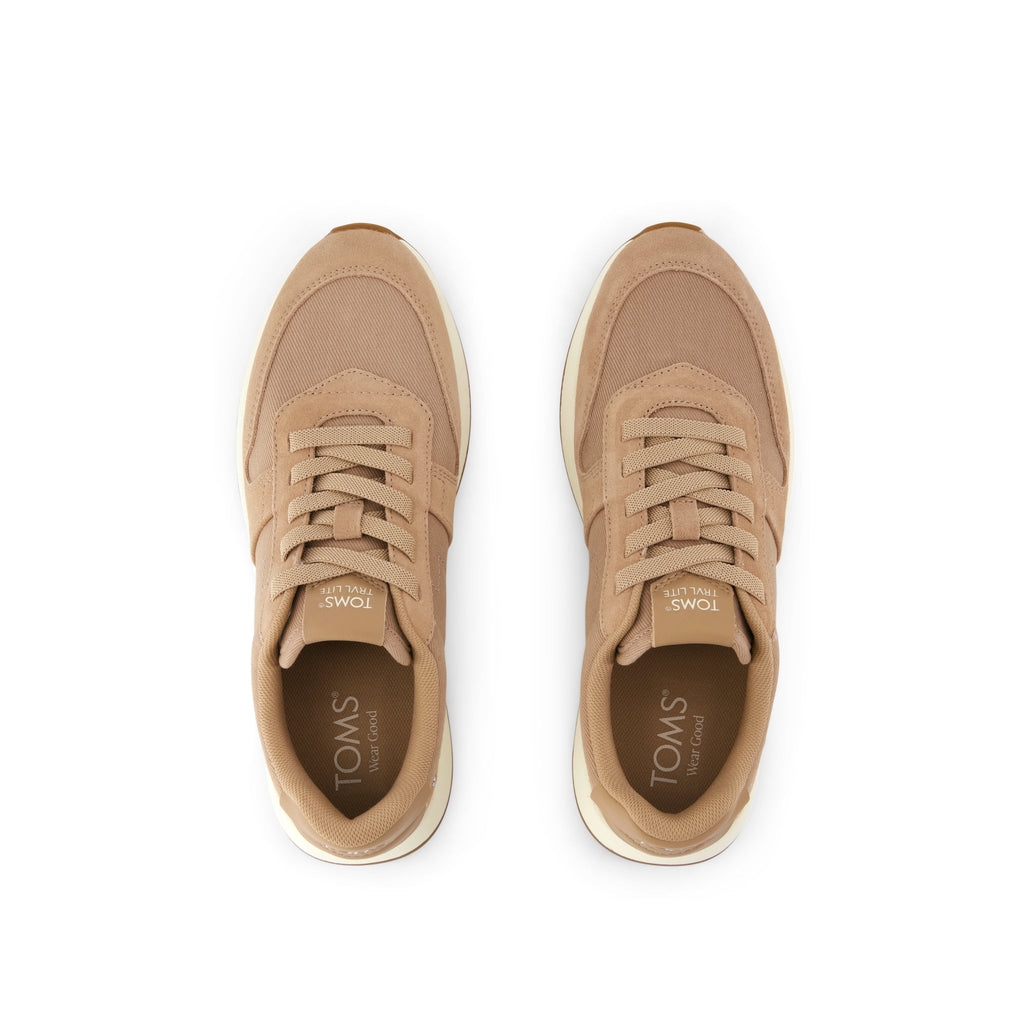 TRVL LITE Retro Runner Sneaker - Water Repellent Taupe Vintage Twill w/ Studs Top View