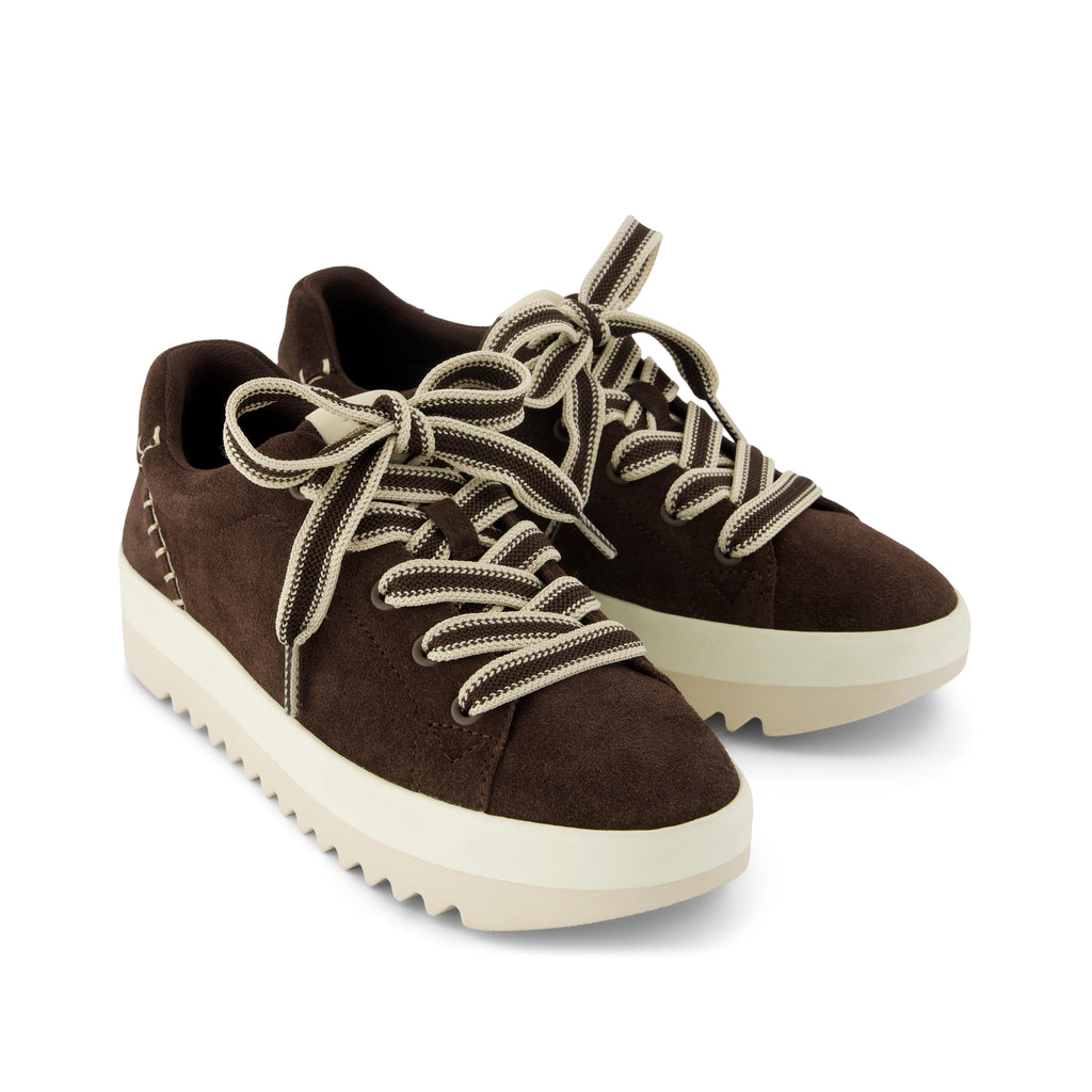 Rea Lace-Up Platform Sneaker - Chocolate Brown Suede Front View