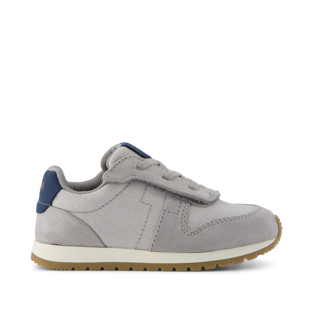 TRVL LITE Retro Runner Toddler Sneaker - Water Repellent Grey Vintage Twill Side View