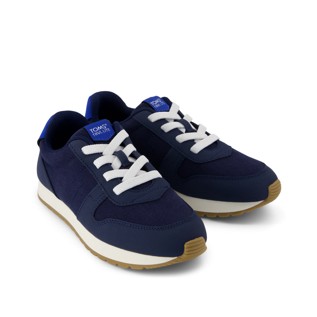 TRVL LITE Retro Runner Kids Sneaker - Water Repellent Multi Navy Vintage Twill Front View