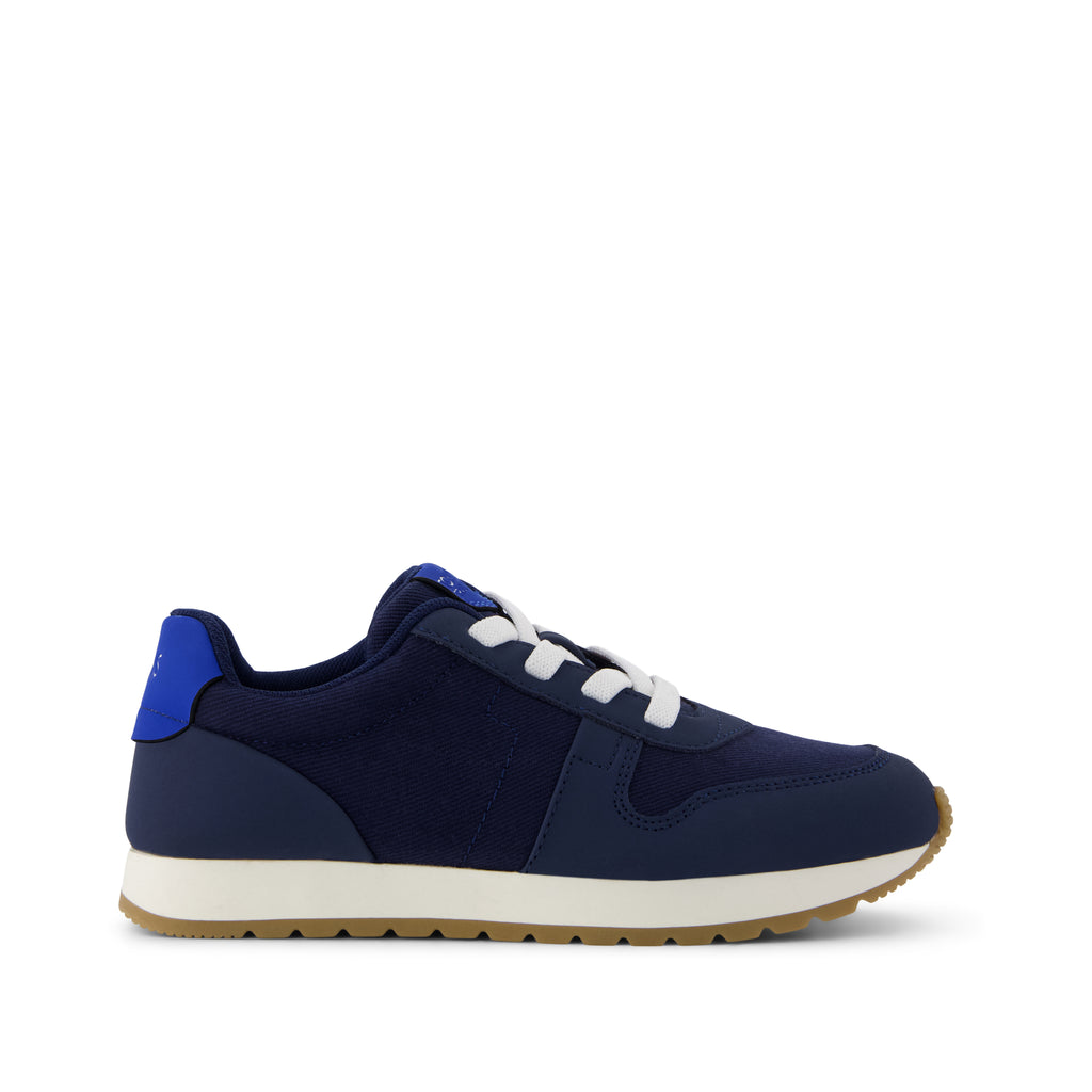 TRVL LITE Retro Runner Kids Sneaker - Water Repellent Multi Navy Vintage Twill Side View
