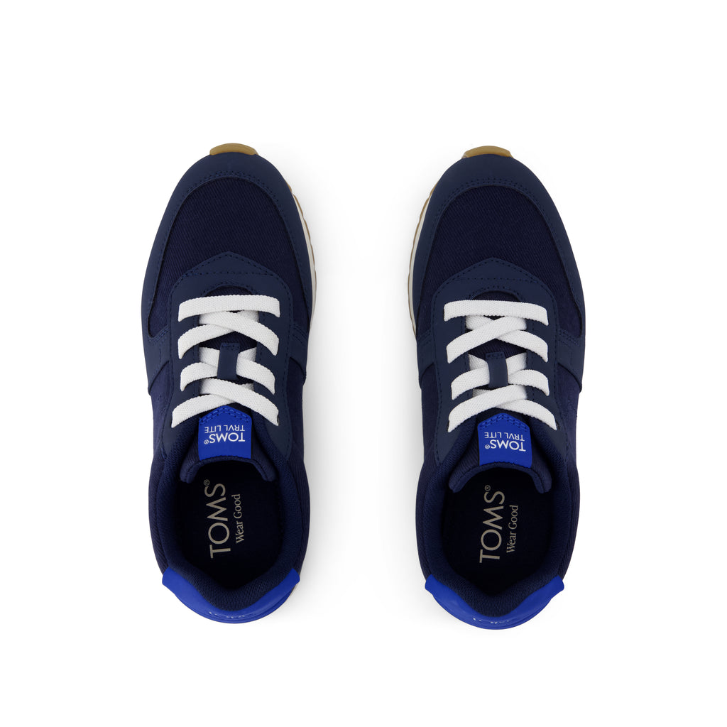 TRVL LITE Retro Runner Kids Sneaker - Water Repellent Multi Navy Vintage Twill Top View