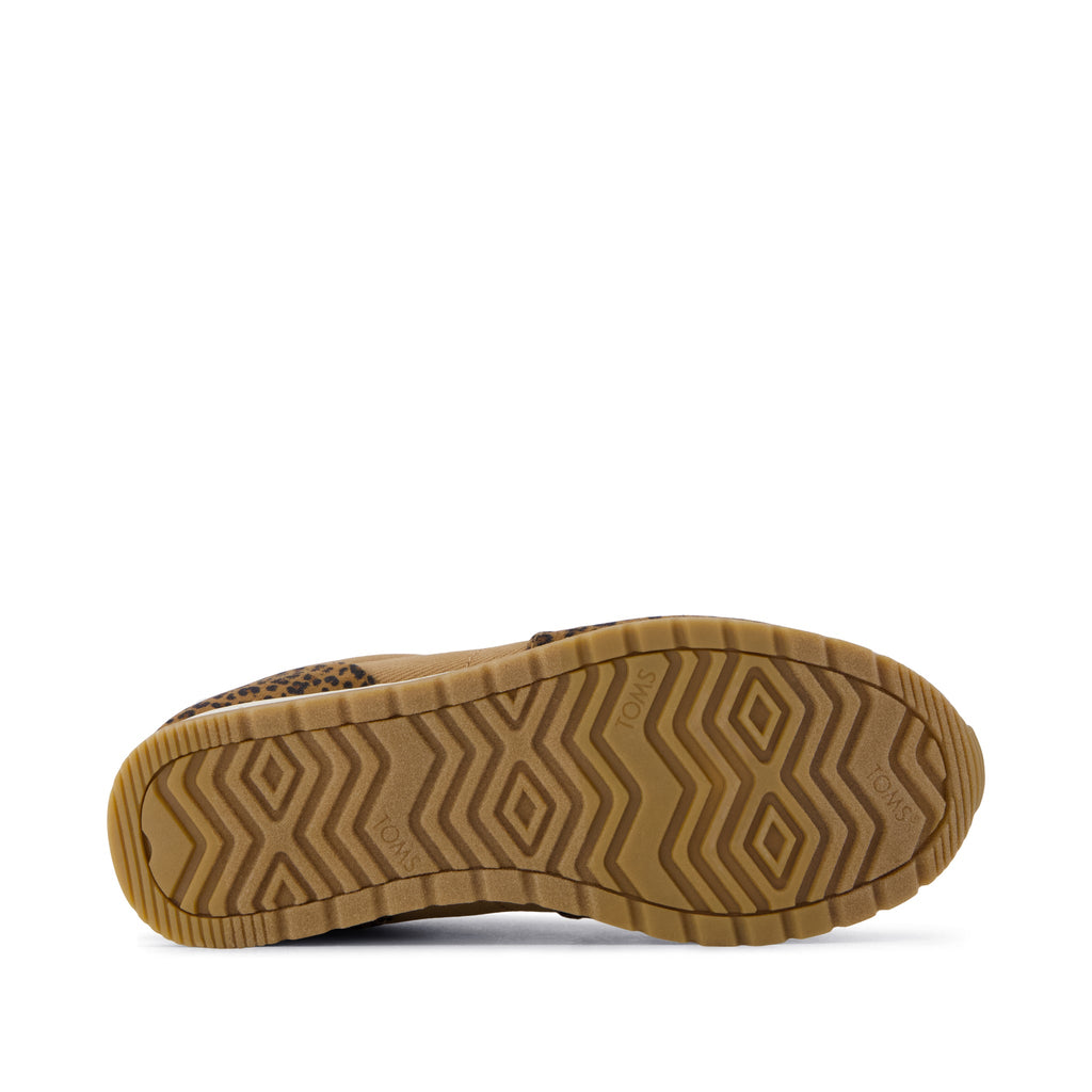 TRVL LITE Retro Runner Kids Sneaker - Water Repellent Toffee Leopard Vintage Twill Bottom Sole View