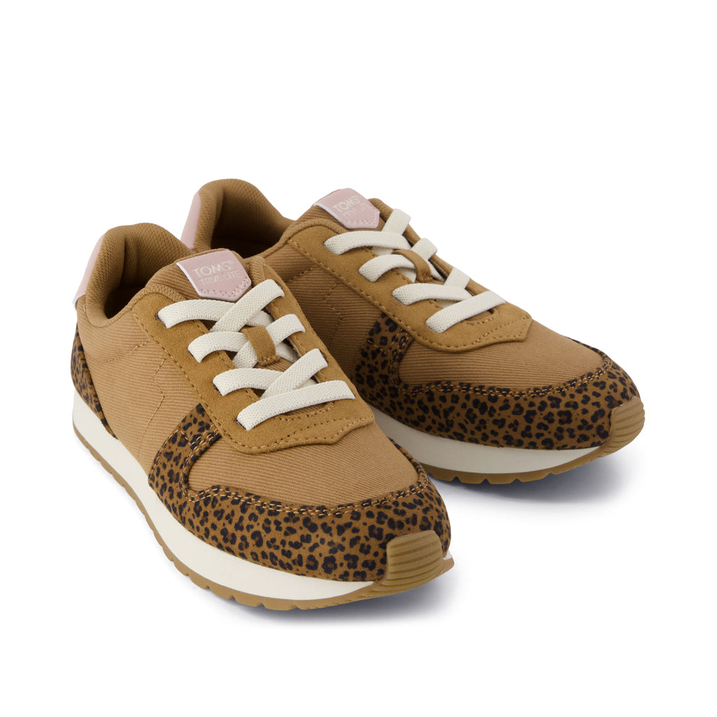 TRVL LITE Retro Runner Kids Sneaker - Water Repellent Toffee Leopard Vintage Twill Front View