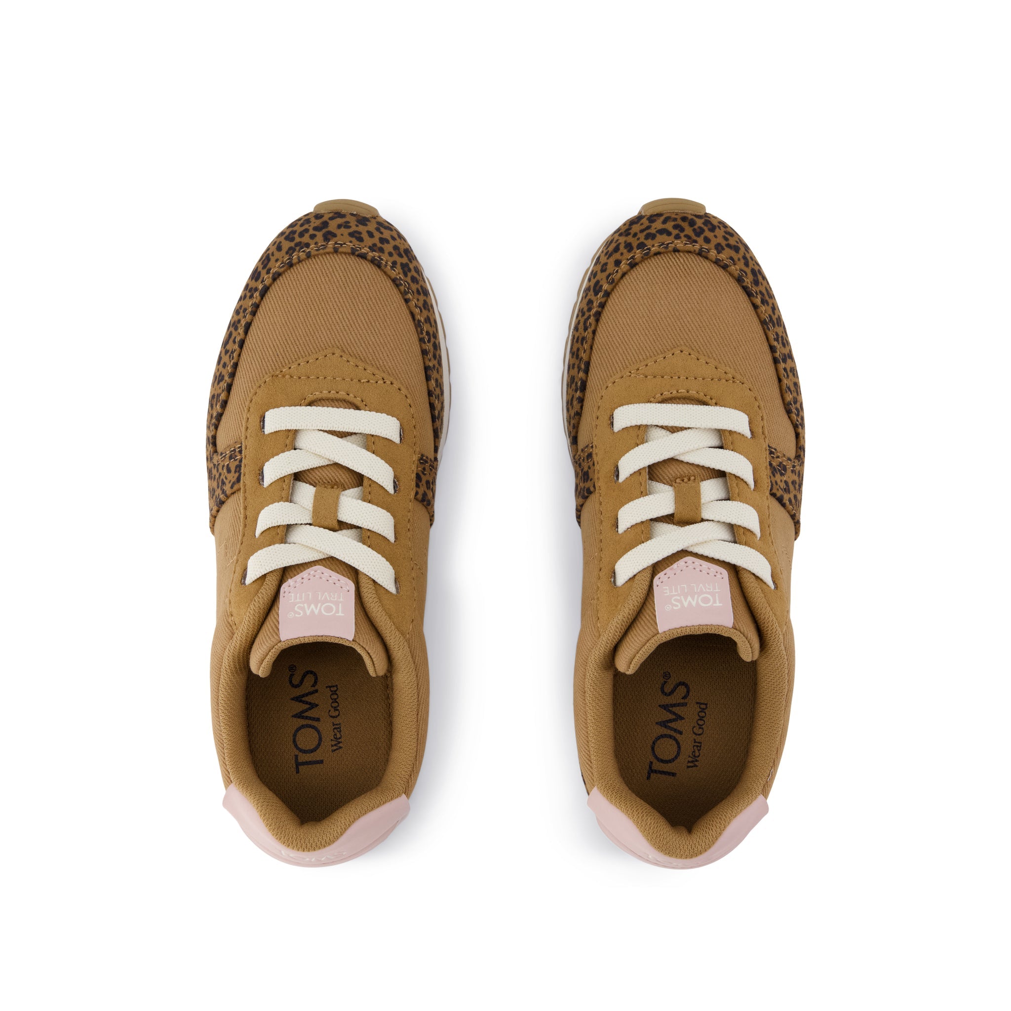 TRVL LITE Retro Runner Kids Sneaker - Water Repellent Toffee Leopard Vintage Twill Top View