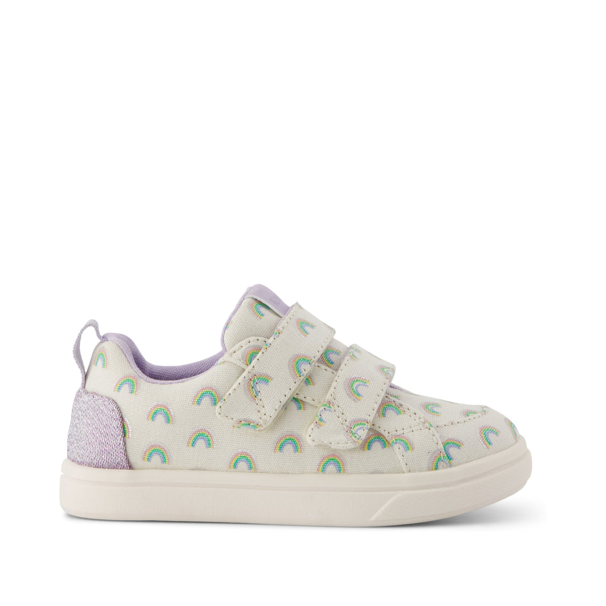 Cruz Double Strap Toddler Sneaker - Egret Foil Rainbows Side View