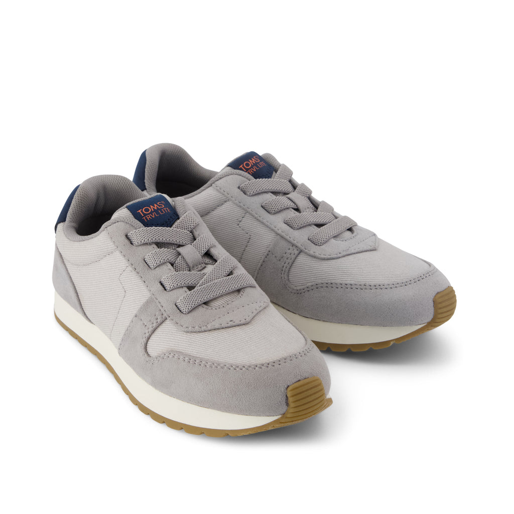 TRVL LITE Retro Runner Kids Sneaker - Water Repellent Drizzle Grey Vintage Twill Front View
