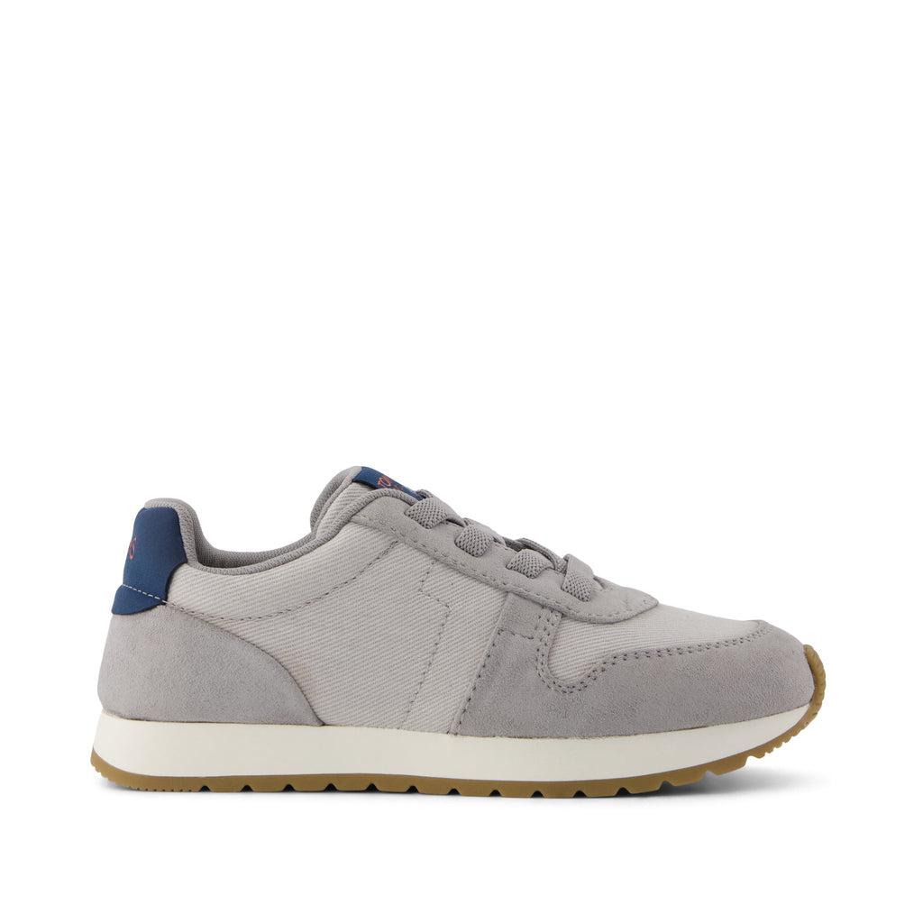 TRVL LITE Retro Runner Kids Sneaker - Water Repellent Drizzle Grey Vintage Twill Side View
