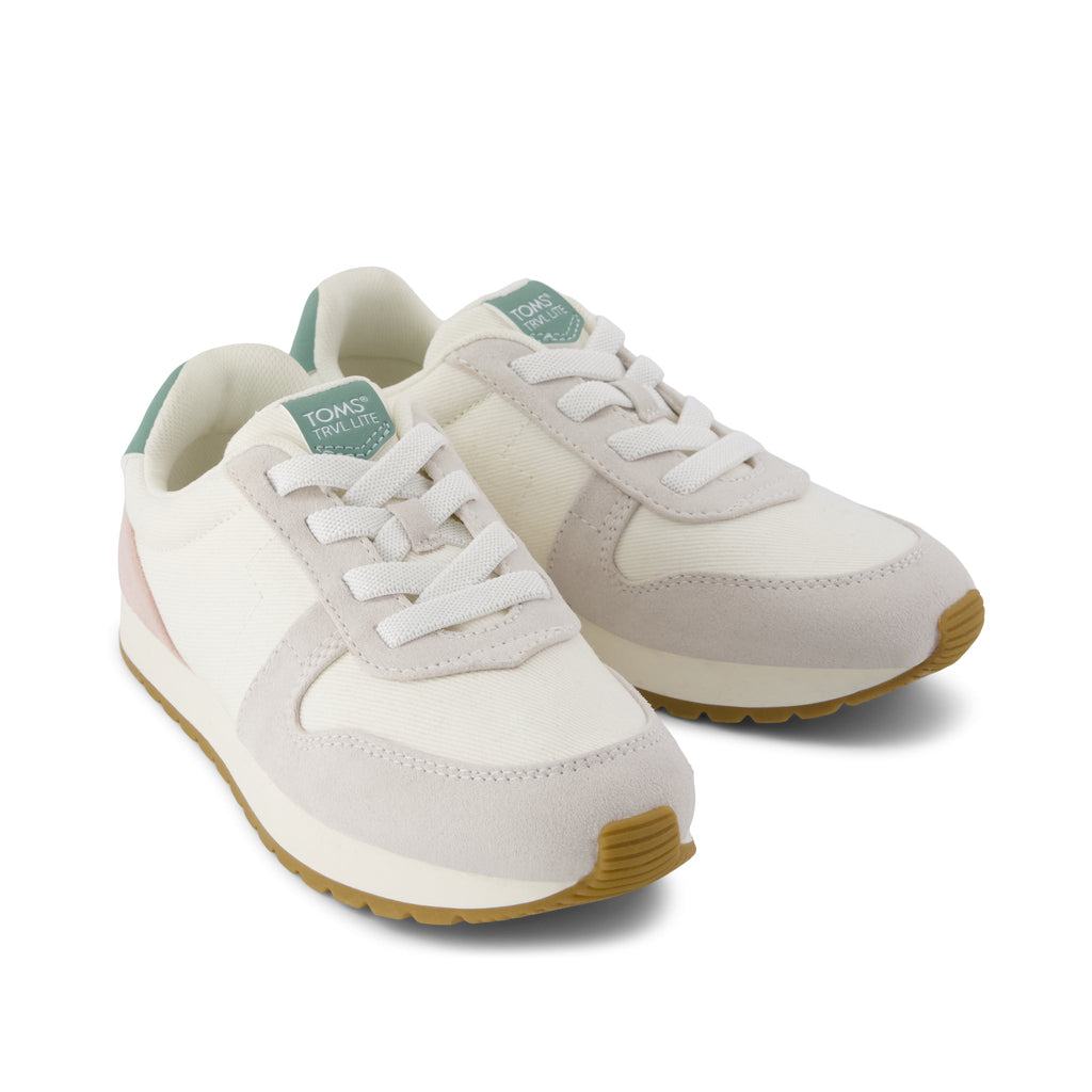 TRVL LITE Retro Runner Kids Sneaker - Water Repellent Multi Egret Vintage Twill Front View