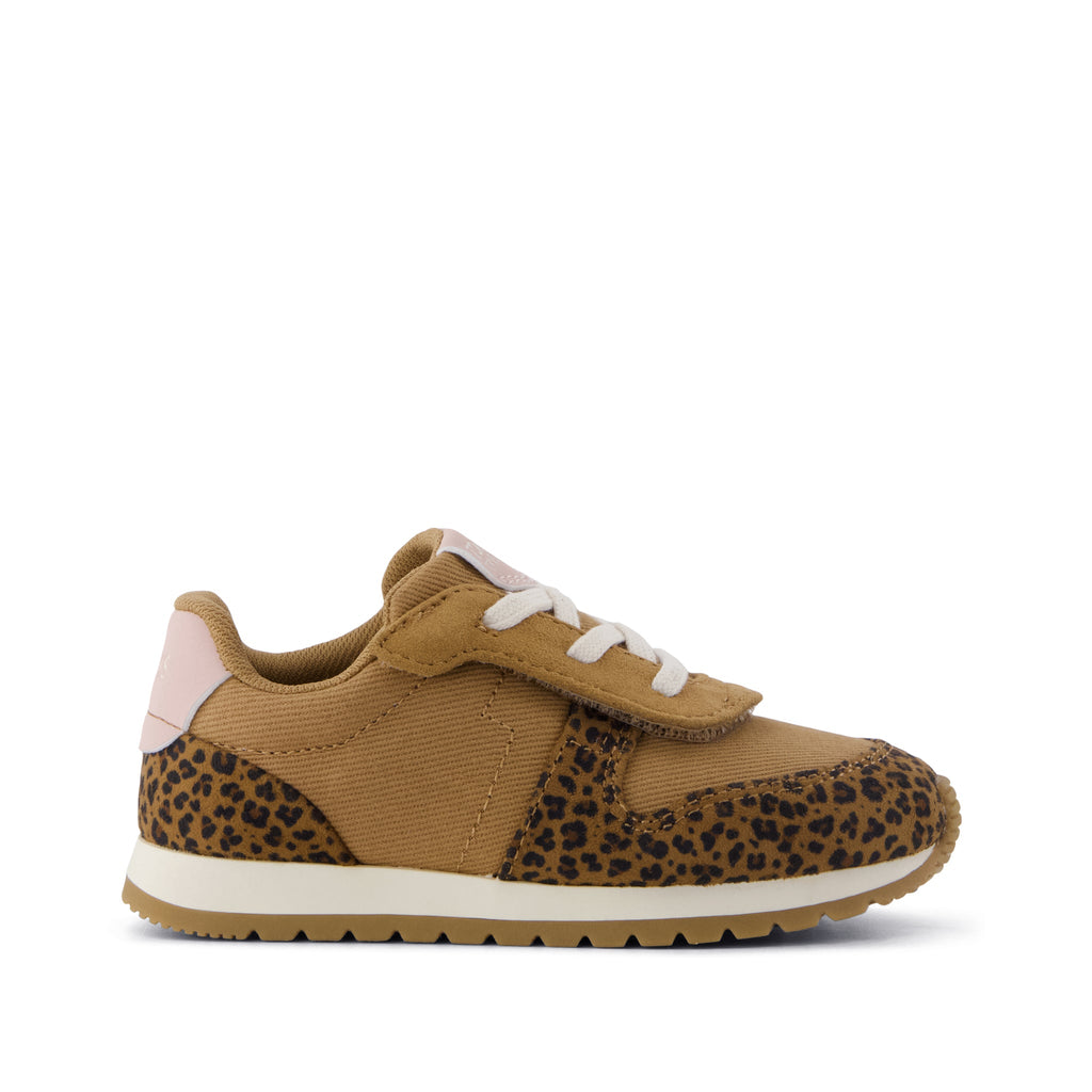 TRVL LITE Retro Runner Toddler Sneaker - Water Repellent Toffee Leopard Side View