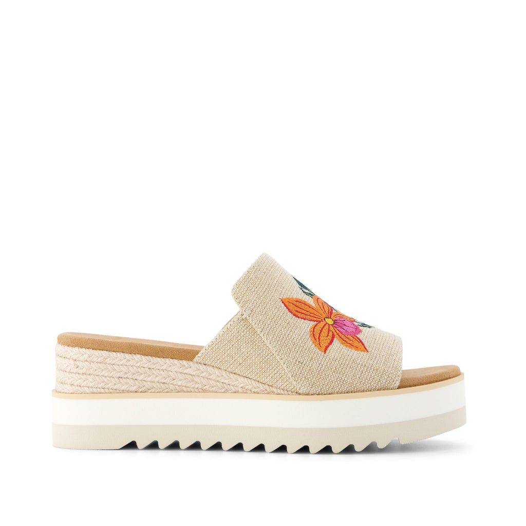 Diana Mule Wedge Sandal - Embroidered Tropical Floral Side View
