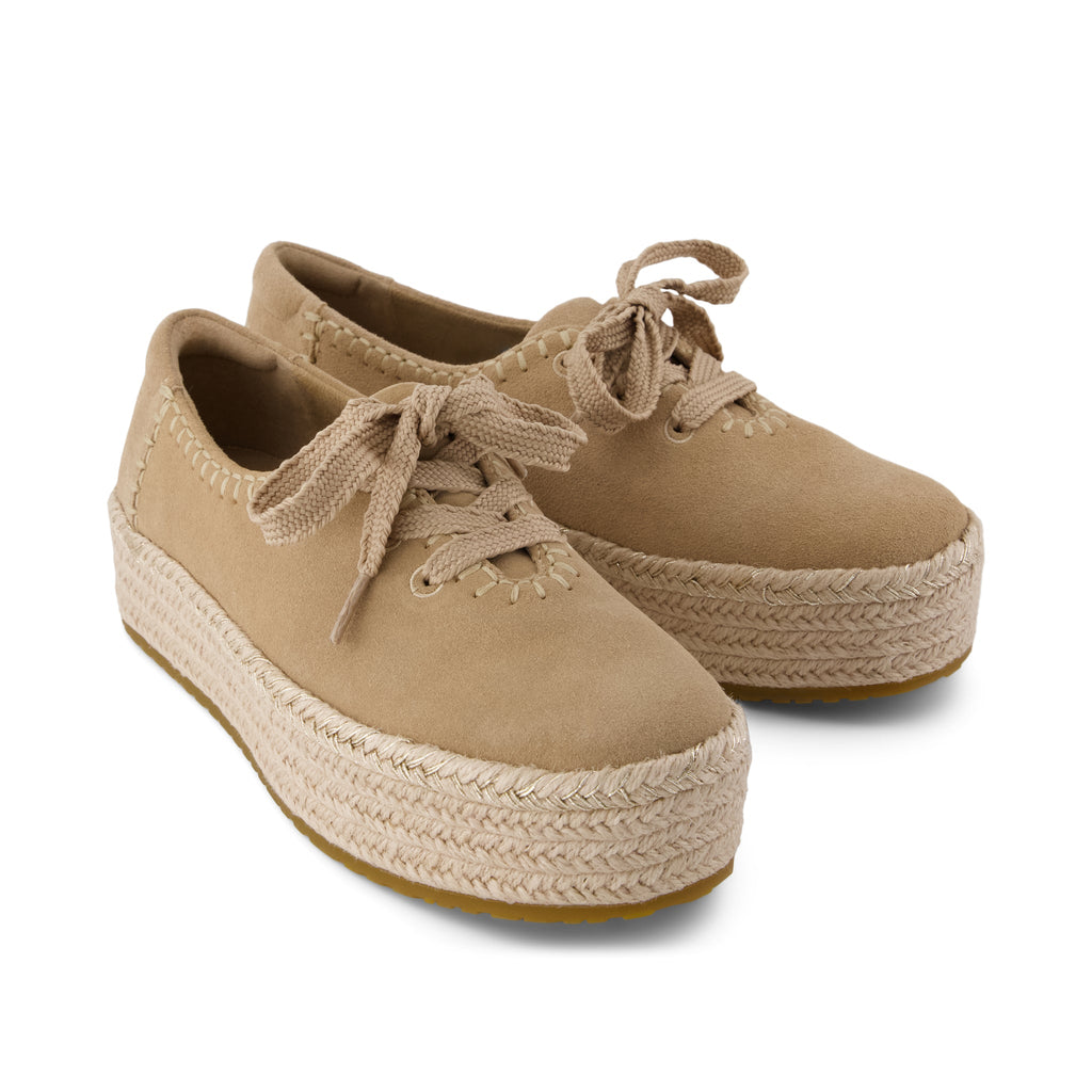 Valencia Lace-Up Platform Espadrille - Taupe Deco Stitch Suede Front View