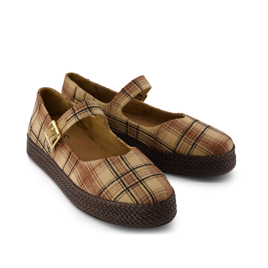 Carolina Mary Jane Espadrille - Toffee Textured Plaid Front View