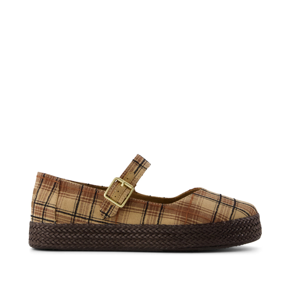 Carolina Mary Jane Espadrille - Toffee Textured Plaid Side View