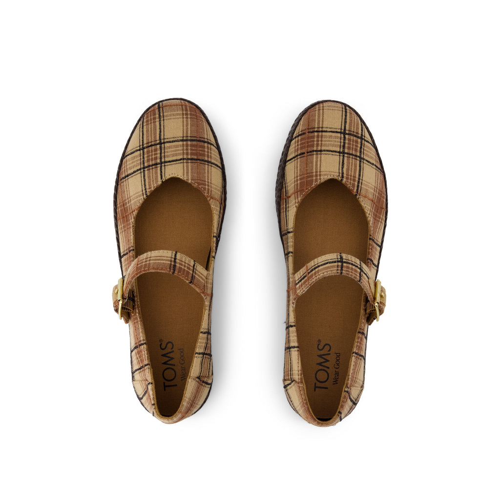 Carolina Mary Jane Espadrille - Toffee Textured Plaid Top View