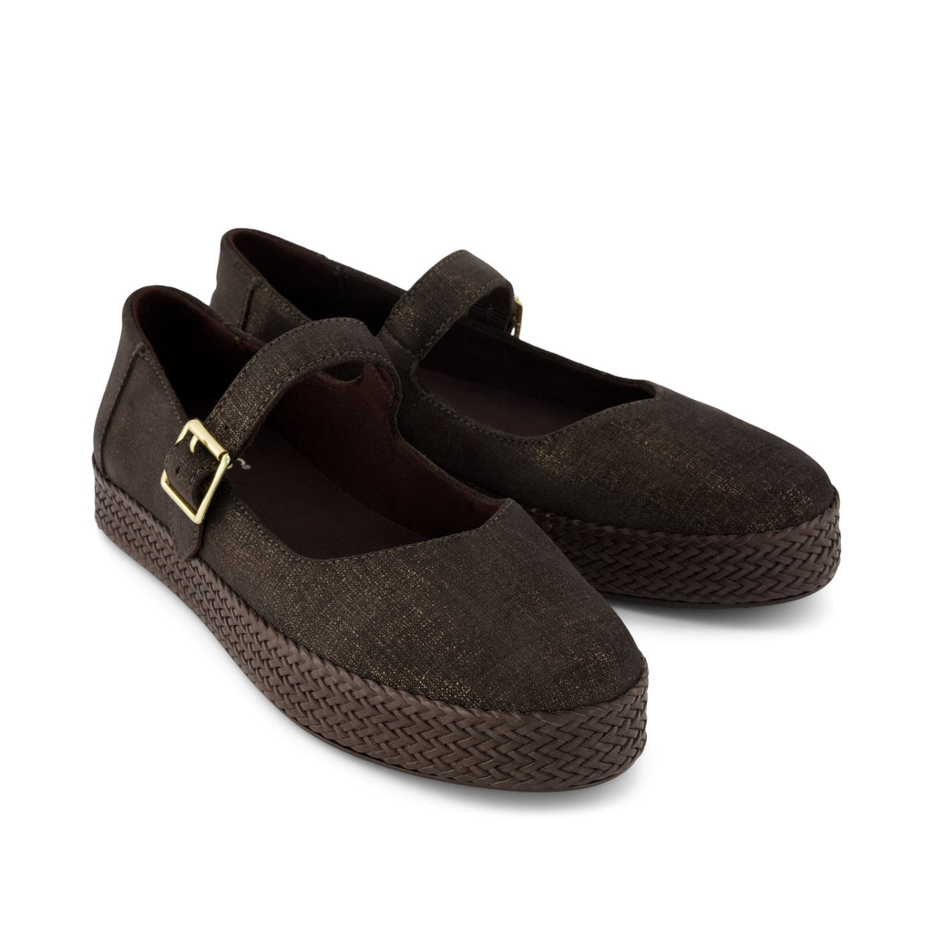 Carolina Mary Jane Espadrille - Metallic Chocolate Brown Crosshatch Suede Front View