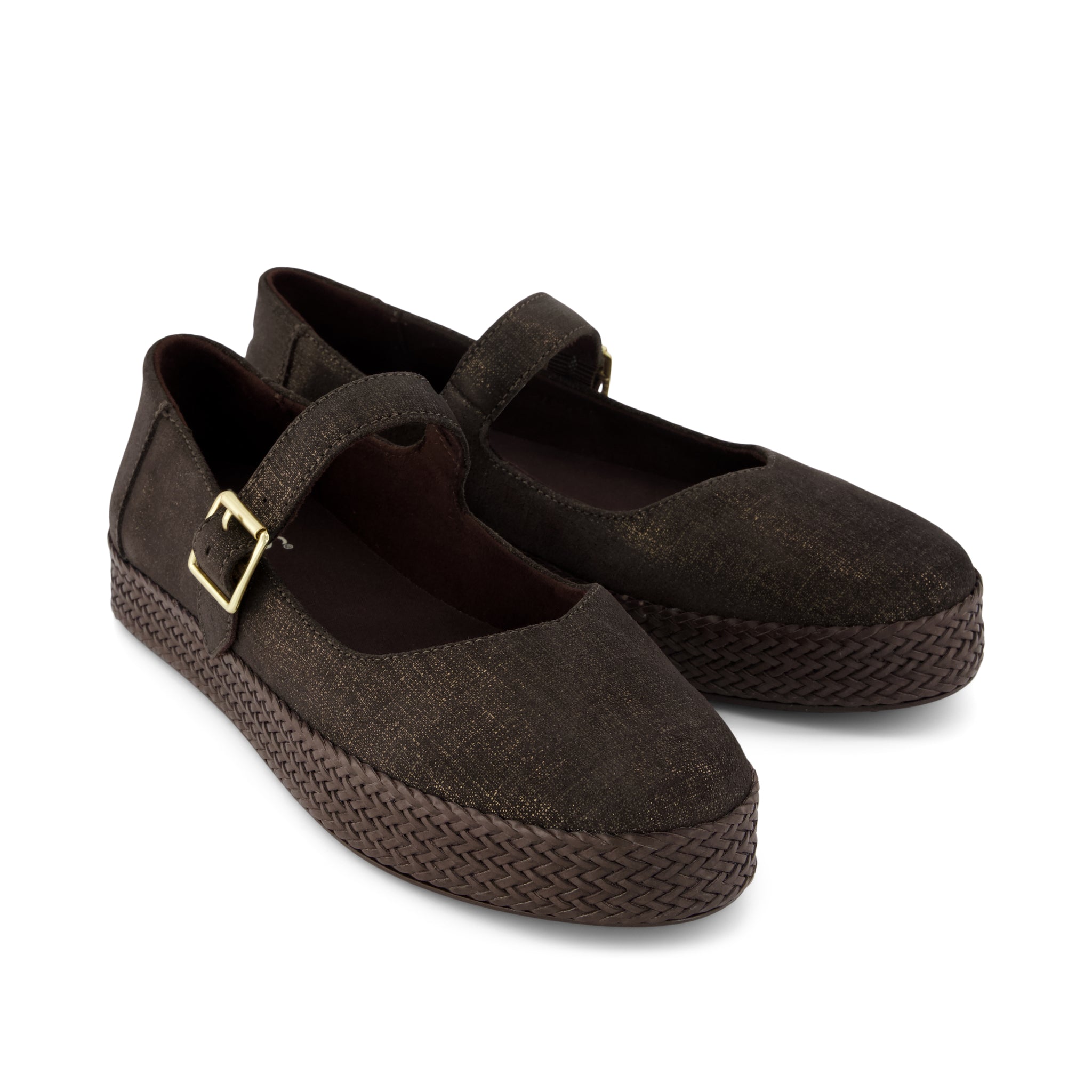 Carolina Mary Jane Espadrille - Metallic Chocolate Brown Crosshatch Suede Front View