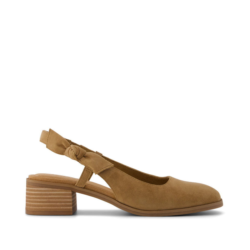 Jaclyn Slingback Bow Heel - Toffee Kid Suede Side View