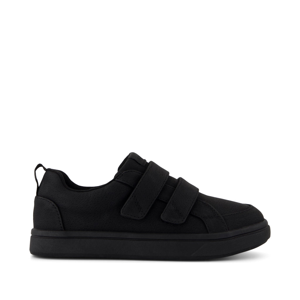 Cruz Double Strap Kids Sneaker - Black Microsuede Side View