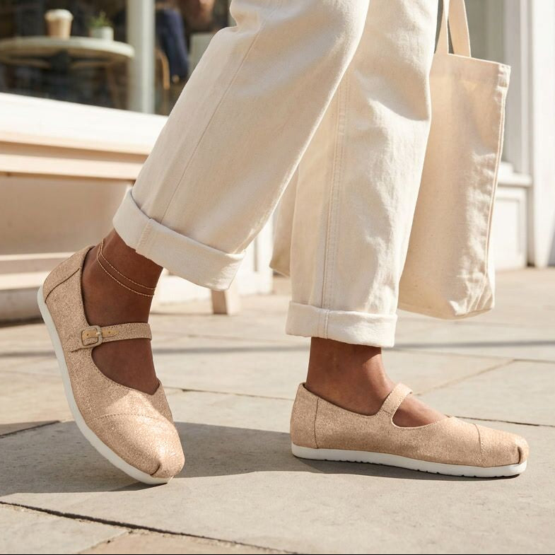 On model image of the Womens Alpargata Mary Jane Bronze Metallic Crosshatch Suede