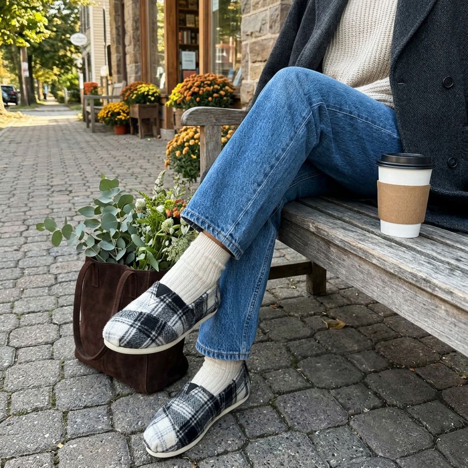 On model image of the Womens Alpargata Classic Black Cozy Plaid