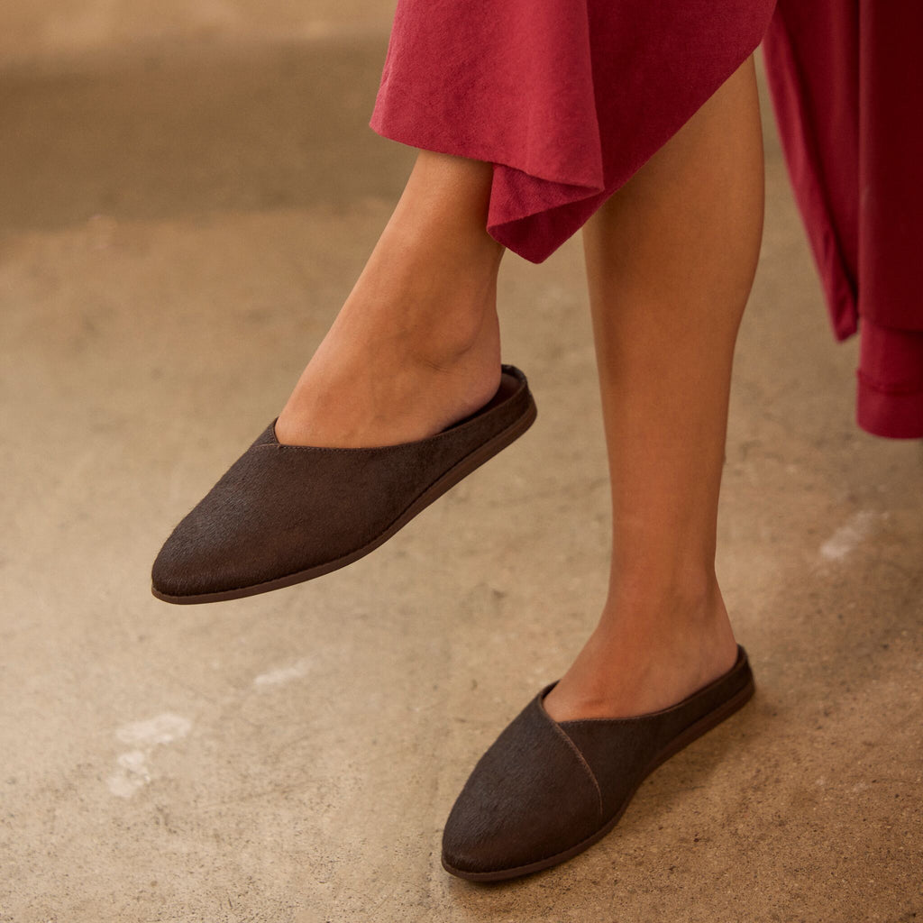 On model image of the Womens Amelia Mule Chocolate Brown Hair Leather