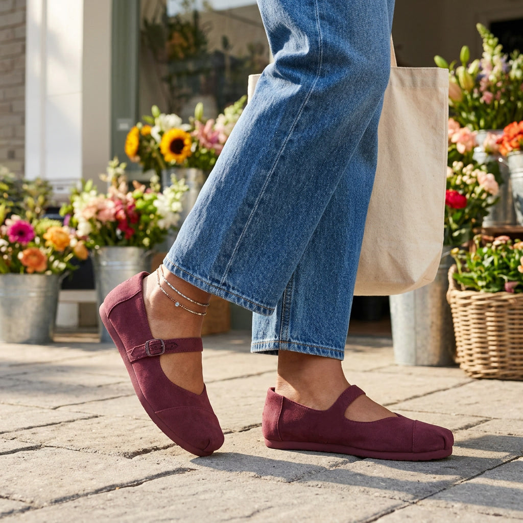 On model image of the Womens Alpargata Mary Jane Dark Burgundy Premium Velvet