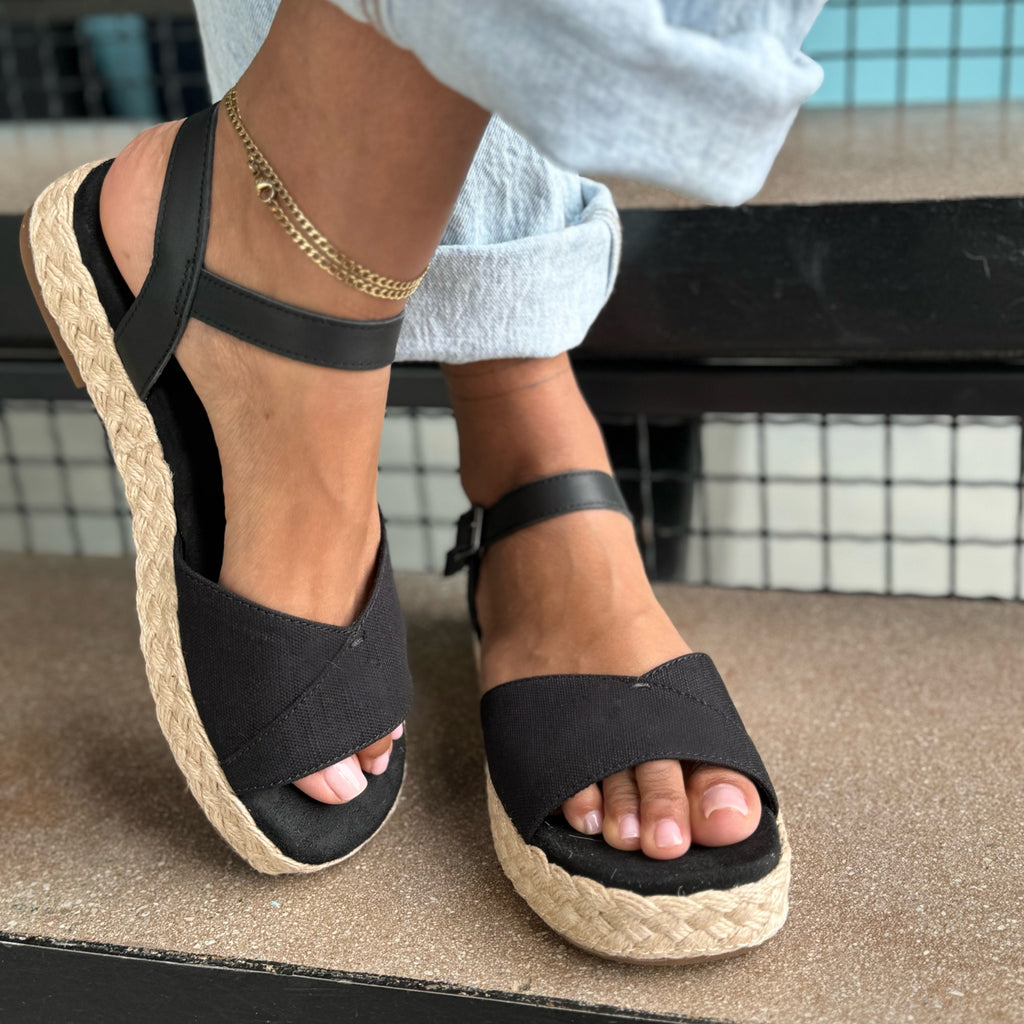 abby espadrille sandal in black up close detail shot