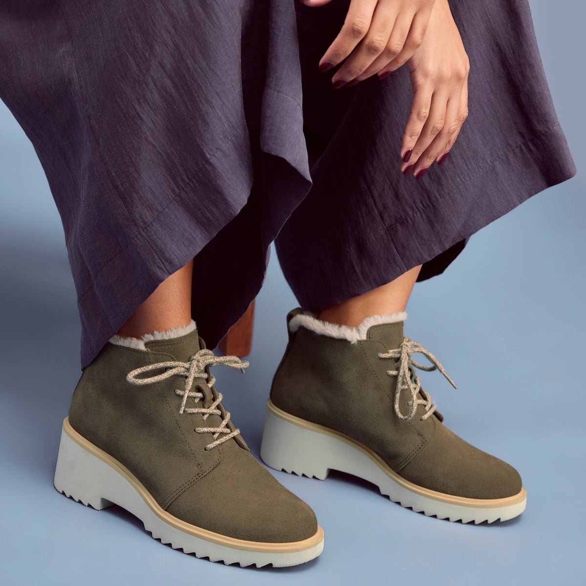 On figure image of the Canteen Green Suede with Faux Fur Maude Boots