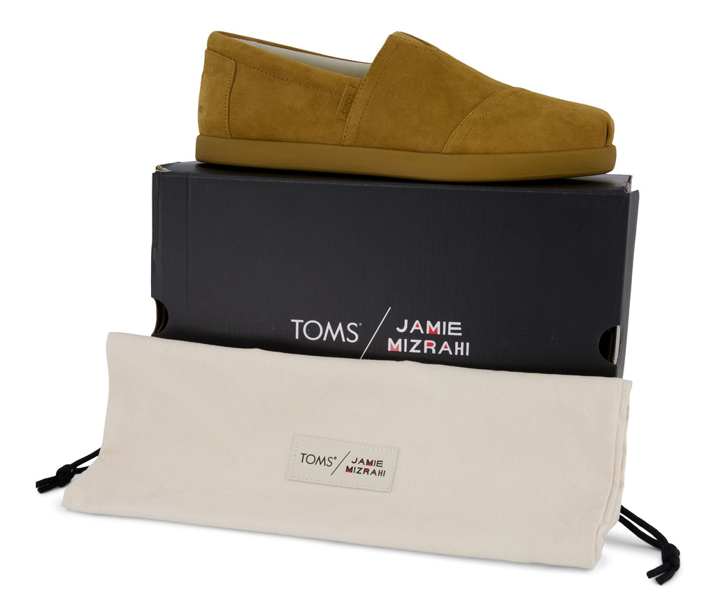 TOMS x Jamie Mizrahi Alp FWD - Water Repellent Antique Amber Suede Shoebox and Dust Bag View