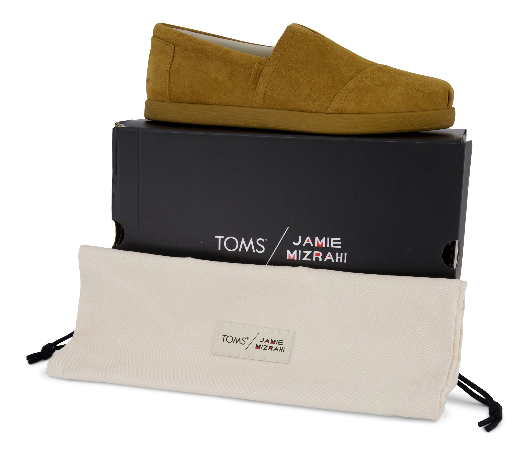 TOMS x Jamie Mizrahi Alp FWD - Water Repellent Antique Amber Suede Shoebox and Dust Bag View