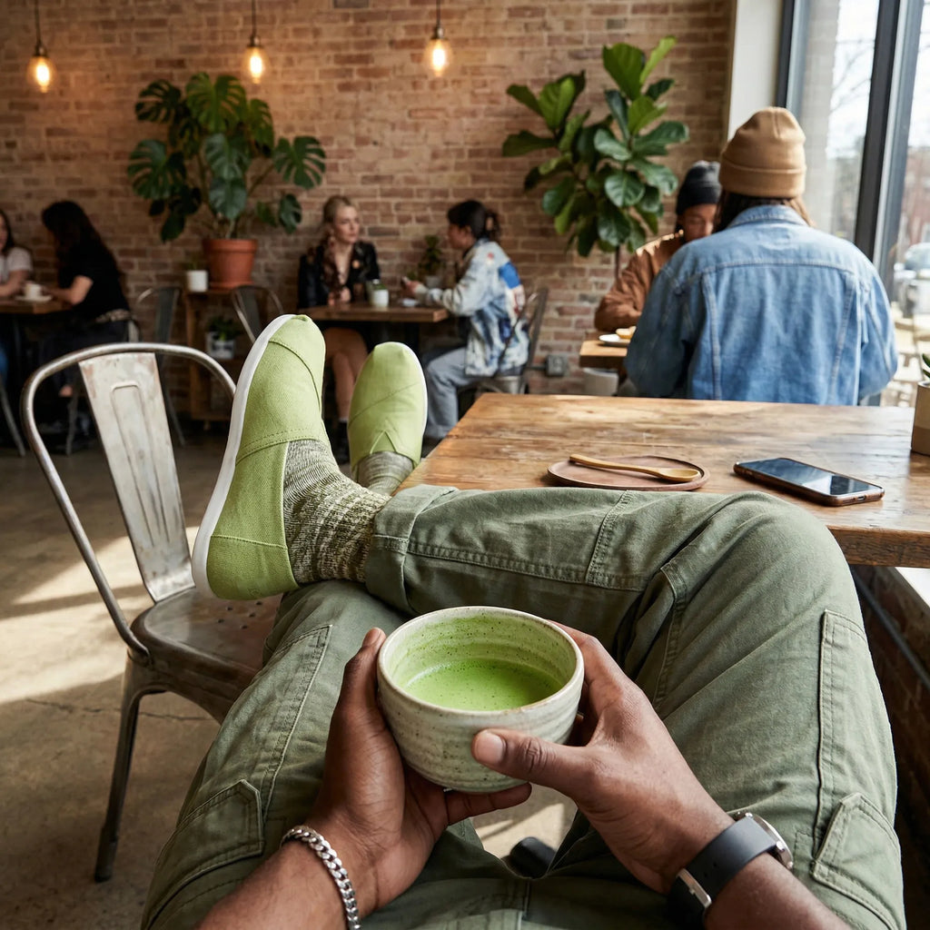 Limited edition matcha  alpargata on man sitting in coffee shop