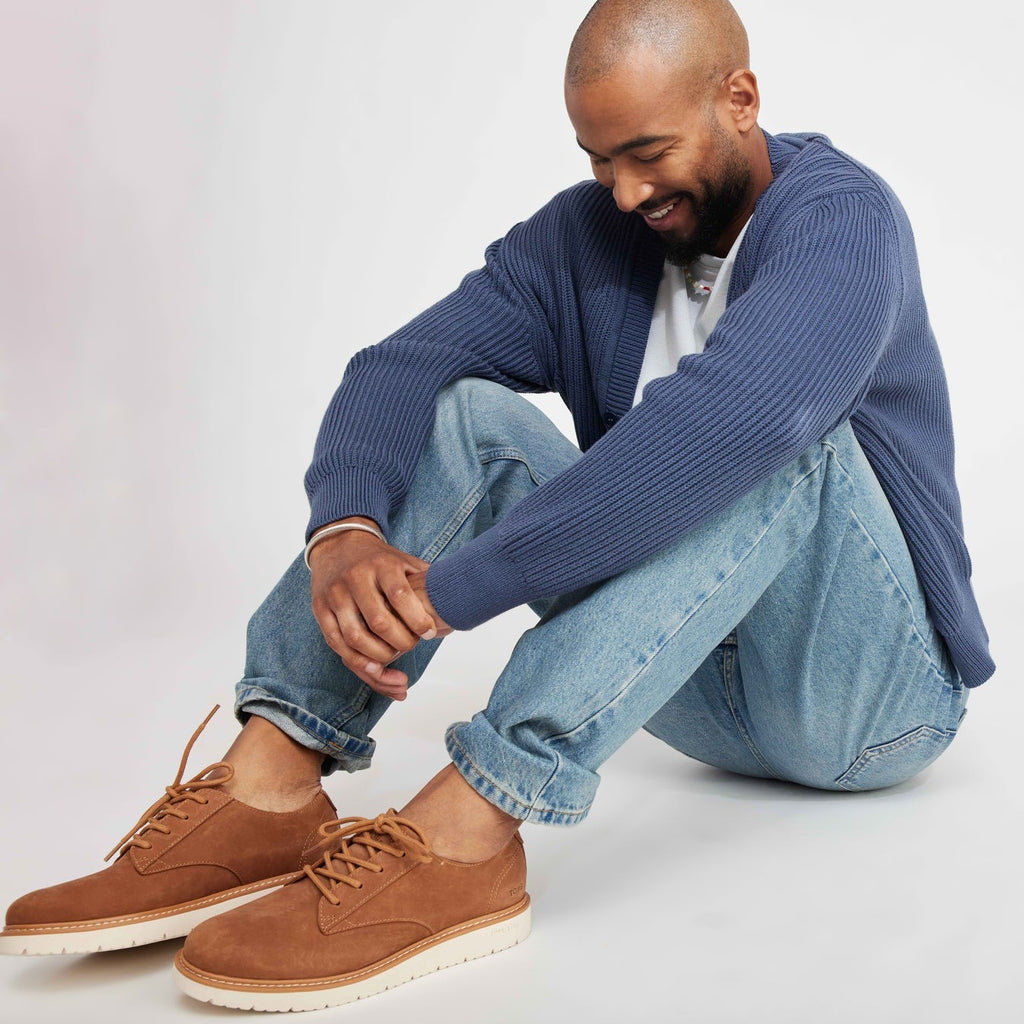 Navy Oxford Dress Casual Lace Up Shoe In Tan Suede On Model