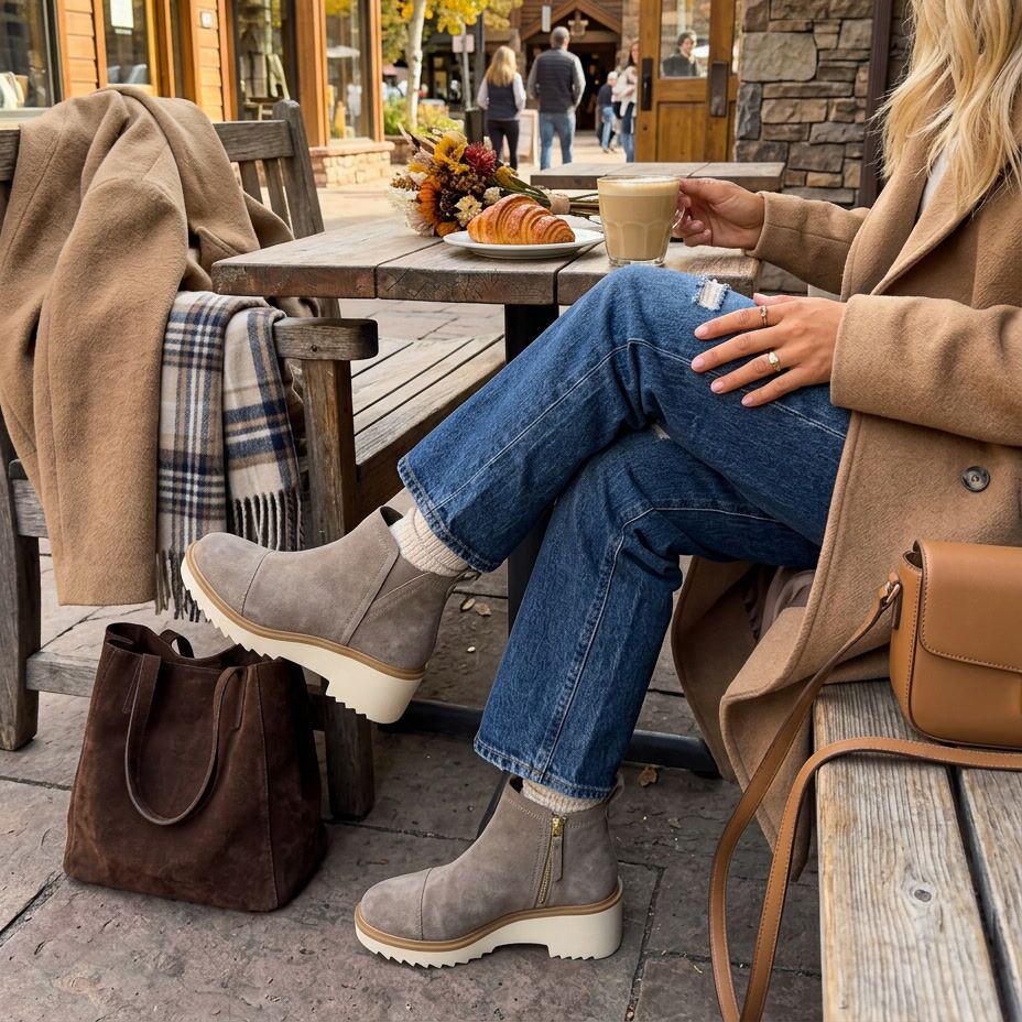 On model image of the Womens Maude Wedge Boot Canteen Suede