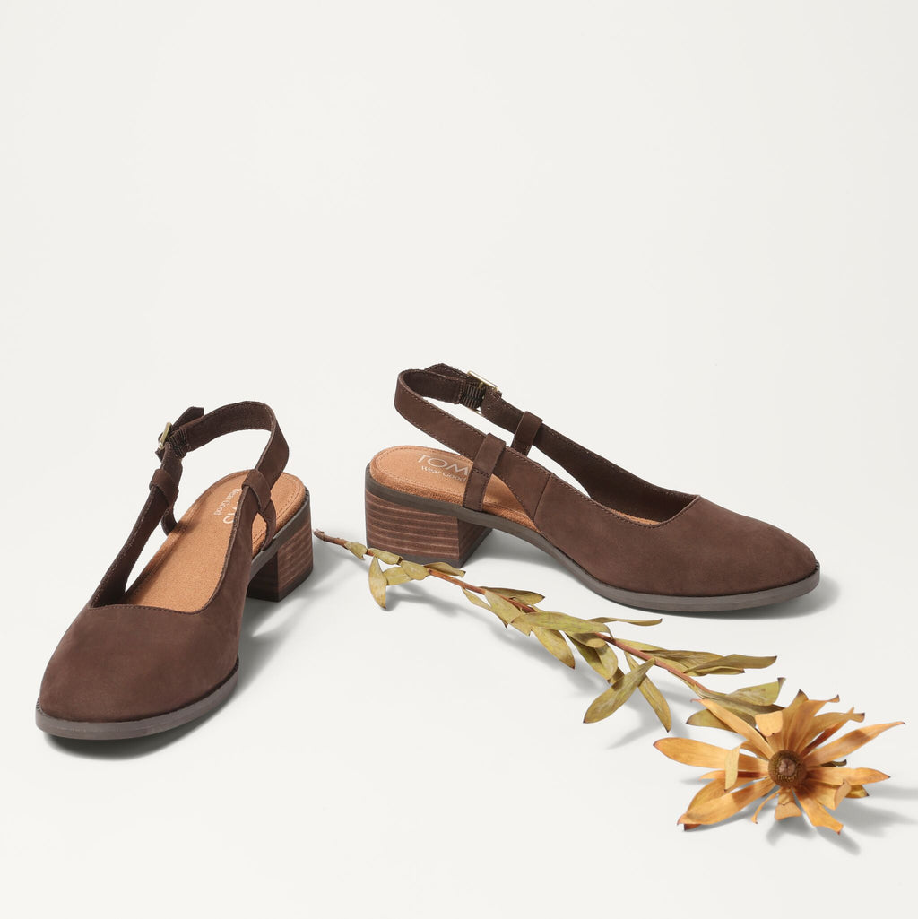 Laydown detail image of the chocolate brown Jaclyn slingback heel