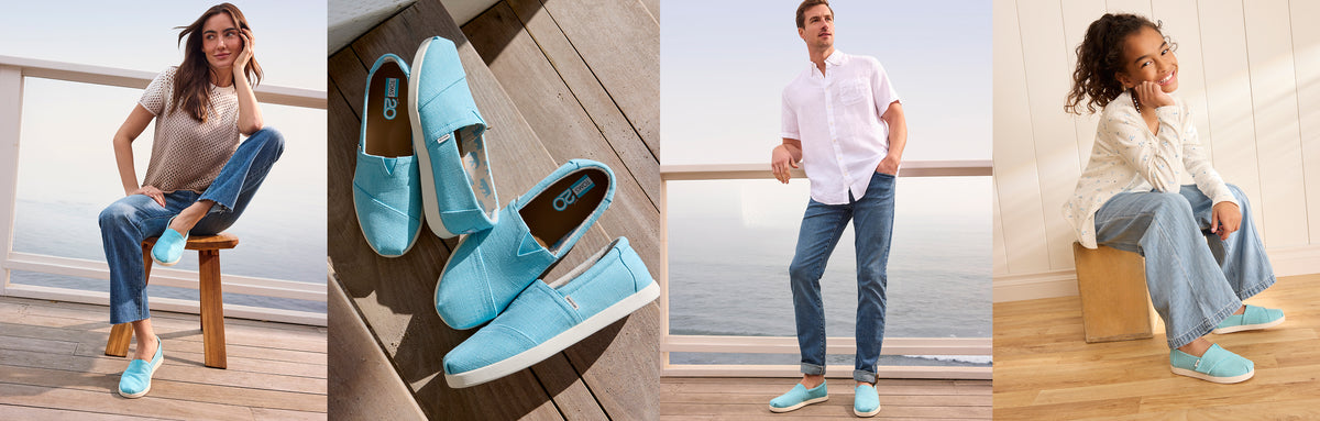 Models wearing cerulean blue Alpargatas in women, men, and kids' styles.