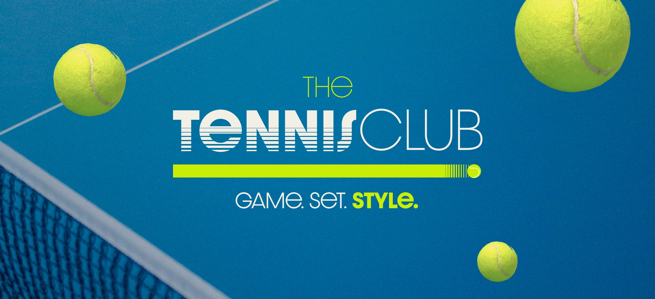 THE TENNIS CLUB. GAME. SET. STYLE. Tennis balls and court background.