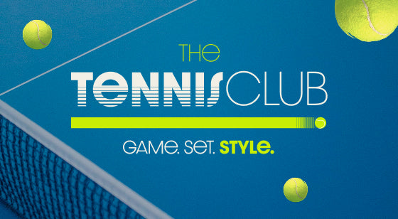 THE TENNIS CLUB. GAME. SET. STYLE. Tennis balls and court background.
