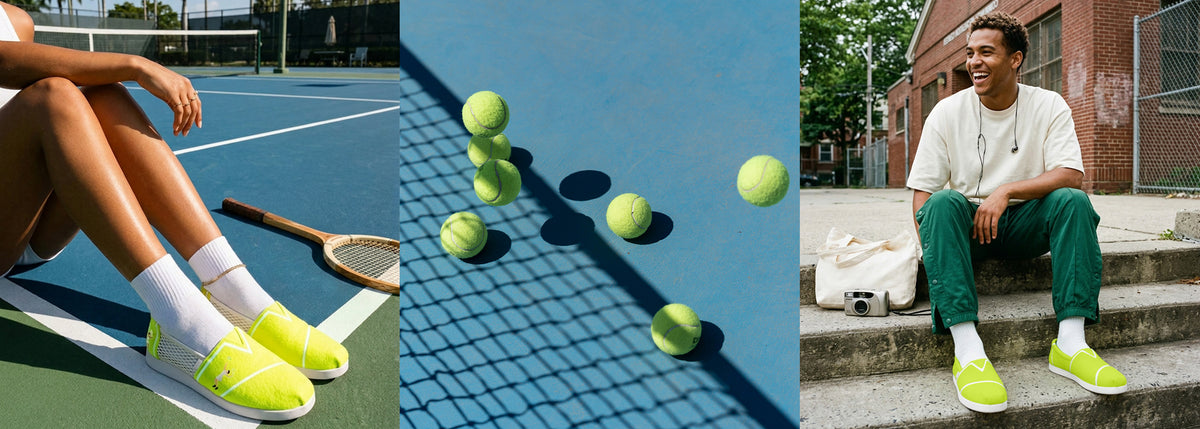 THE TENNIS CLUB. GAME. SET. STYLE. Alp in Neon Yellow Tennis Felt shown. Tennis balls and court background.