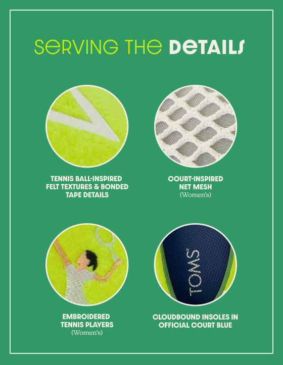 SeRVING THe DETAILS. Detail shots of: TENNIS BALL-INSPIRED FELT TEXTURES & BONDED TAPE DETAILS, COURT-INSPIRED NET MESH & EMBROIDERED TENNIS PLAYERS (Women's), CLOUDBOUND INSOLES IN OFFICIAL COURT BLUE.