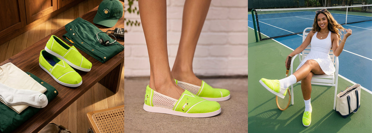 Triptych image of Men's Alp FWD Neon Yellow Tennis Felt and Women's Alpargata Plus Neon Yellow Tennis Felt on model.