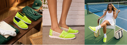 Triptych image of Men's Alp FWD Neon Yellow Tennis Felt and Women's Alpargata Plus Neon Yellow Tennis Felt on model.