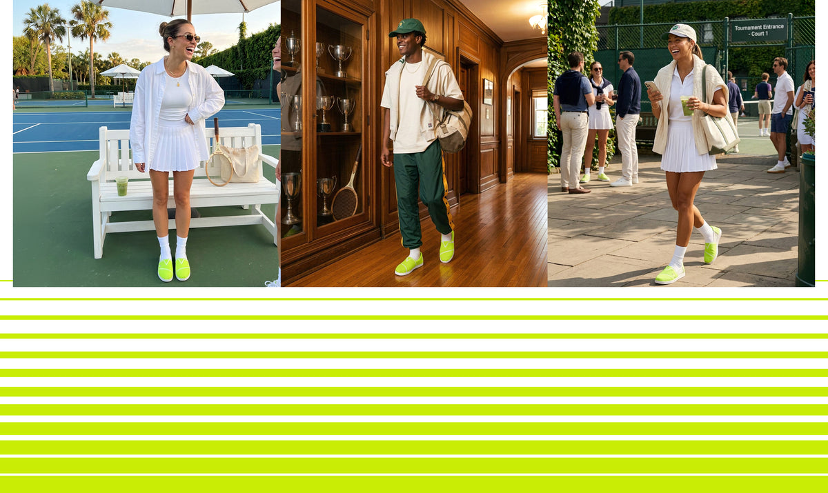 Triptych image of models in Women's Alpargata Plus Neon Yellow Tennis Felt and Men's Alp FWD Neon Yellow Tennis Felt in tennis court & club setting.